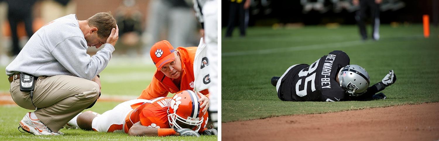 Long term effects of football injuries show we must be more proactive about enacting policies to keep athletes safe both in college football teams like Clemson and NFL teams. (Left to right: Lionel Hahn/Abaca Press/MCT;Hector Amezcua/Sacremento Bee/MCT)