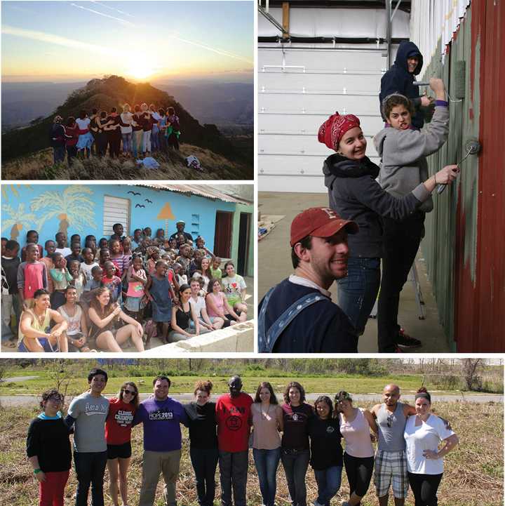 Spring break GO! project teams shown clockwise from top left: GO! Nicaragua, GO! Waynesburg, GO! New Orleans and GO! Dominican Republic. (Courtesy of GO! Team Members)