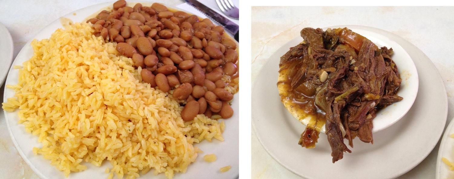 Left: Every entrée comes with a large plate of rice and beans. Right: Known as ropa vieja, the shredded beef is stewed with tomatoes, potatoes and an amalgam of savory spices. (Rex Sakamoto/The Observer)