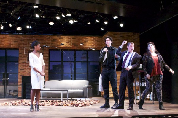 Fordham students during a dress rehearsal for "Not All Thieves Come to Harm You." From left to right: Nisarah Lewis, Joe Flynn, Johnny Pozzi, Emily Thornton. (Tyler Martins/The Observer)