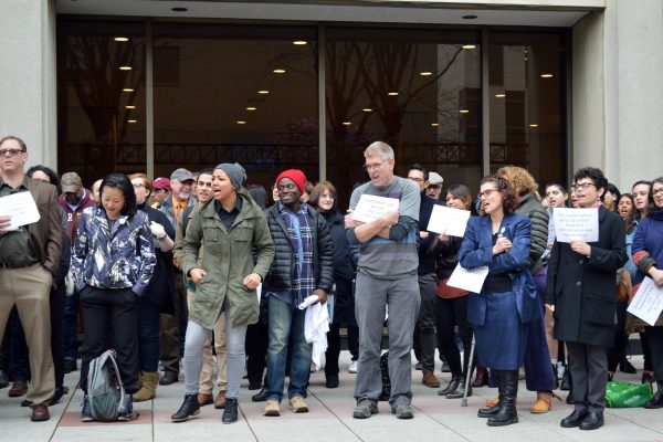 Various members of the Fordham community gathered on the Fordham Lincoln Center plaza for the Sick-In protest on April 19. (ELIZABETH LANDRY/The Observer)