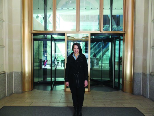 Alexa Pipia, FCLC ’14, poses outside of the Hearst Tower, home to Good Housekeeping magazine. (Maria Fischer/The Observer)