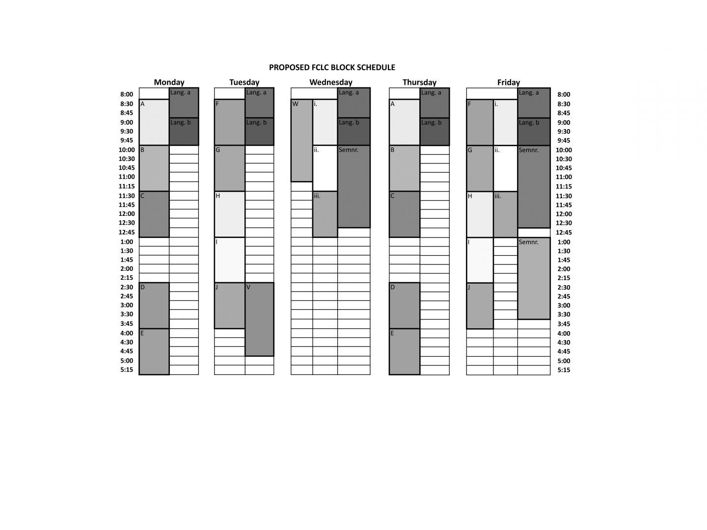 The proposed new block schedule for FCLC. (Courtesy of Doron Ben-Atar)