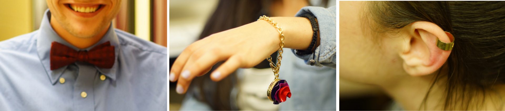 From left to right: A student sporting a bow tie; a Marc Jacobs perfume bracelet; an ear cuff. (Tavy/