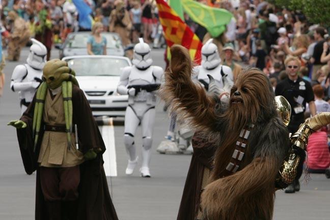 Chewbacca and other “Star Wars” characters participate in a parade. (Photo courtesy of WikiCommons)