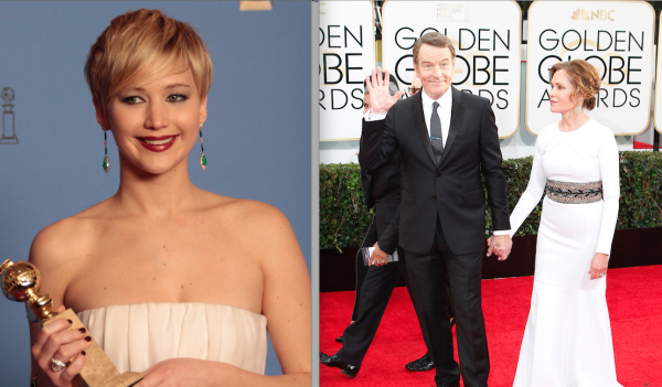 LEFT: Jennifer Lawrence backstage at the 71st Annual Golden Globe Awards show at the Beverly Hilton Hotel on Sunday, Jan. 12, 2014, in Beverly Hills, Calif. (Lawrence K. Ho/Los Angeles Times/MCT) RIGHT: Bryan Cranston arrives for the 71st Annual Golden Globe Awards show at the Beverly Hilton Hotel on Sunday, Jan. 12, 2014, in Beverly Hills, Calif. (Wally Skalij/Los Angeles Times/MCT)