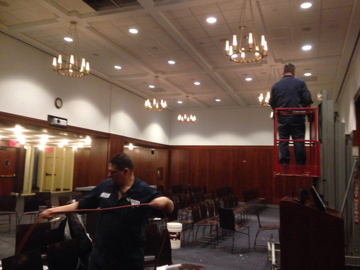 Part of the 12th Floor Lounge's ceiling tiles were damaged because of snow. (Adriana Gallina/The Observer)