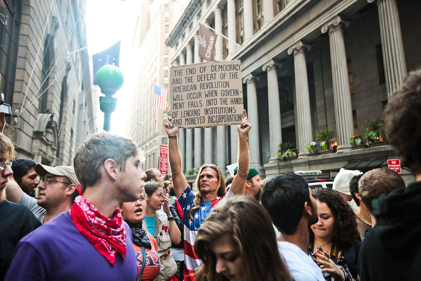 Protesters take to the streets of Lower Manhattan to celebrate the first Anniversary of the Occupy Wall Street movement in Manhattan on September 17, 2012. (Courtesy Byron Smith/Zuma Press via MCT)