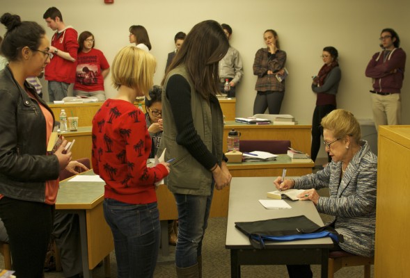 Mary Higgins Clark (left) speaks to Professor of English Mary Bly’s Publishing Theory and Practice class on April 29. She spoke about her career, the writing industry and her new book