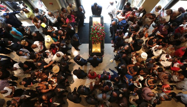 The casket of Michael Brown exits Friendly Temple Missionary Baptist Church at the end of his funeral on Monday, Aug. 25, 2014. (Robert Cohen/St. Louis Post-Dispatch/MCT)