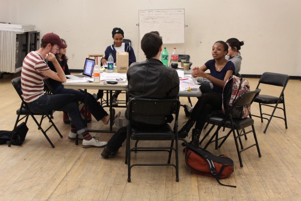 Students discussing upcoming theatre productions for Fordham’s 2014 Studio Season. (Isabel Frias/The Observer)