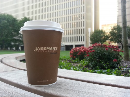 The Jazzman’s coffee cup can be seen around campus, showing the new dining option’s popularity. (Elizabeth Landry/The Observer) 