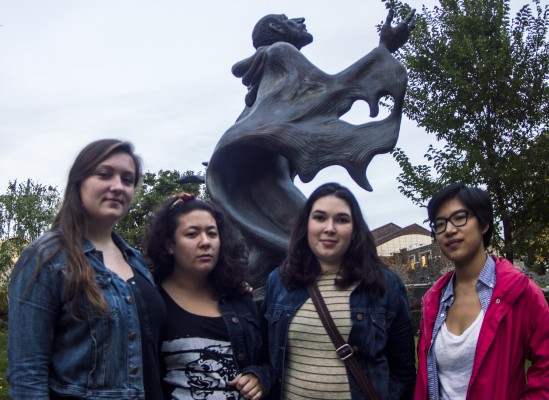 Core members of the S.A.G.E.S. coalition meet to discuss what going public means and what the next steps are. From left to right, Alexandra Leen, FCRH '14, Rachel Field, Wilmarie Cintron-Muniz and Beth Chang, all FCRH '15. (Ian McKenna/The Observer) 