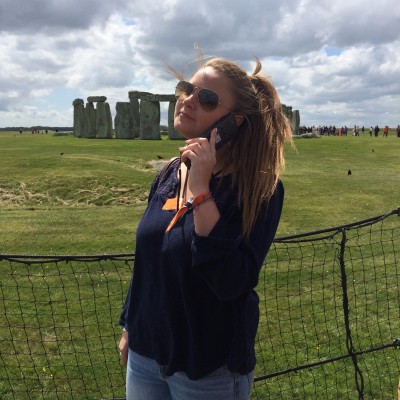 Mary learns about Stonehenge from the pleasant woman on her car phone. (PHOTO COURTESY OF ERIN CAHILL)