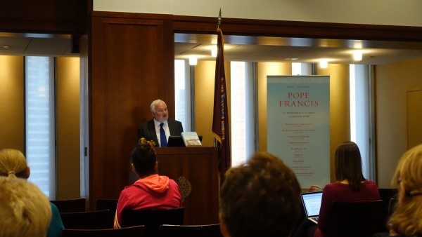 Author Paul Vallely speaking about the current pontiff's messages of peace. (ANA FOTA/ THE OBSERVER)