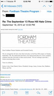 Fordham Theatre calls bias incident a hate crime.