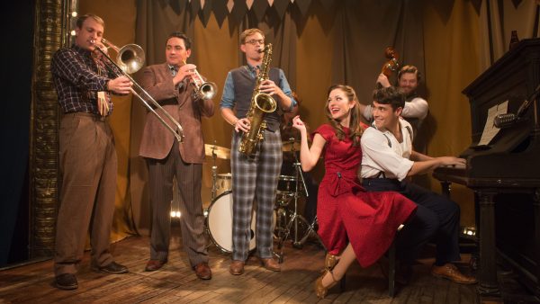 Pictured left to right: "Bandstand" cast members Geoff Packard, Joey Pero, James Nathan Hopkins, Laura Osnes, Corey Cott and Brandon J. Ellis. (PHOTO COURTESY OF JEREMY DANIEL)