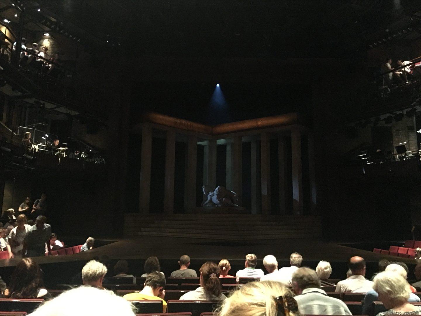 The darkened stage before the performance of "Julius Caesar." (THOMAS ZACHAR/ THE OBSERVER)