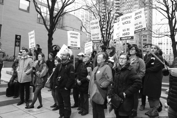 Crowds gather outside of Fordham Lincoln Center Plaza to advocate for Students for Justice in Palestine.